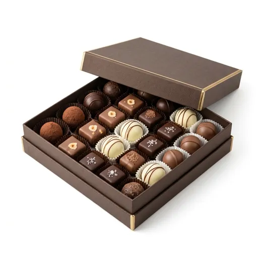 Assorted chocolate sampler box with dark and white chocolate pieces