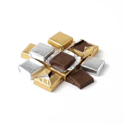 Foil-wrapped milk chocolate squares in gold and silver wrappers