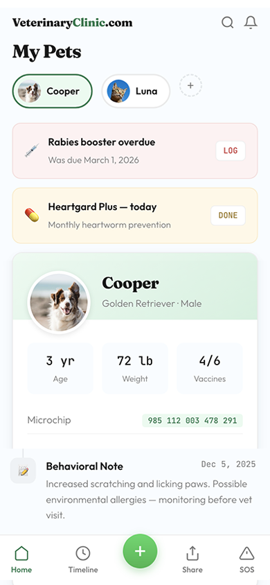 Pet Health Tracker mobile app showing pet profile, health timeline, and emergency card