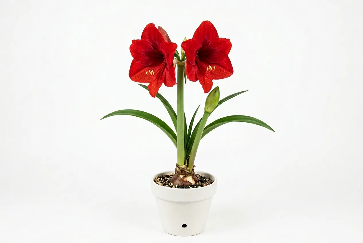 Amaryllis in white pot with large red trumpet flowers and green bud on thick stalk