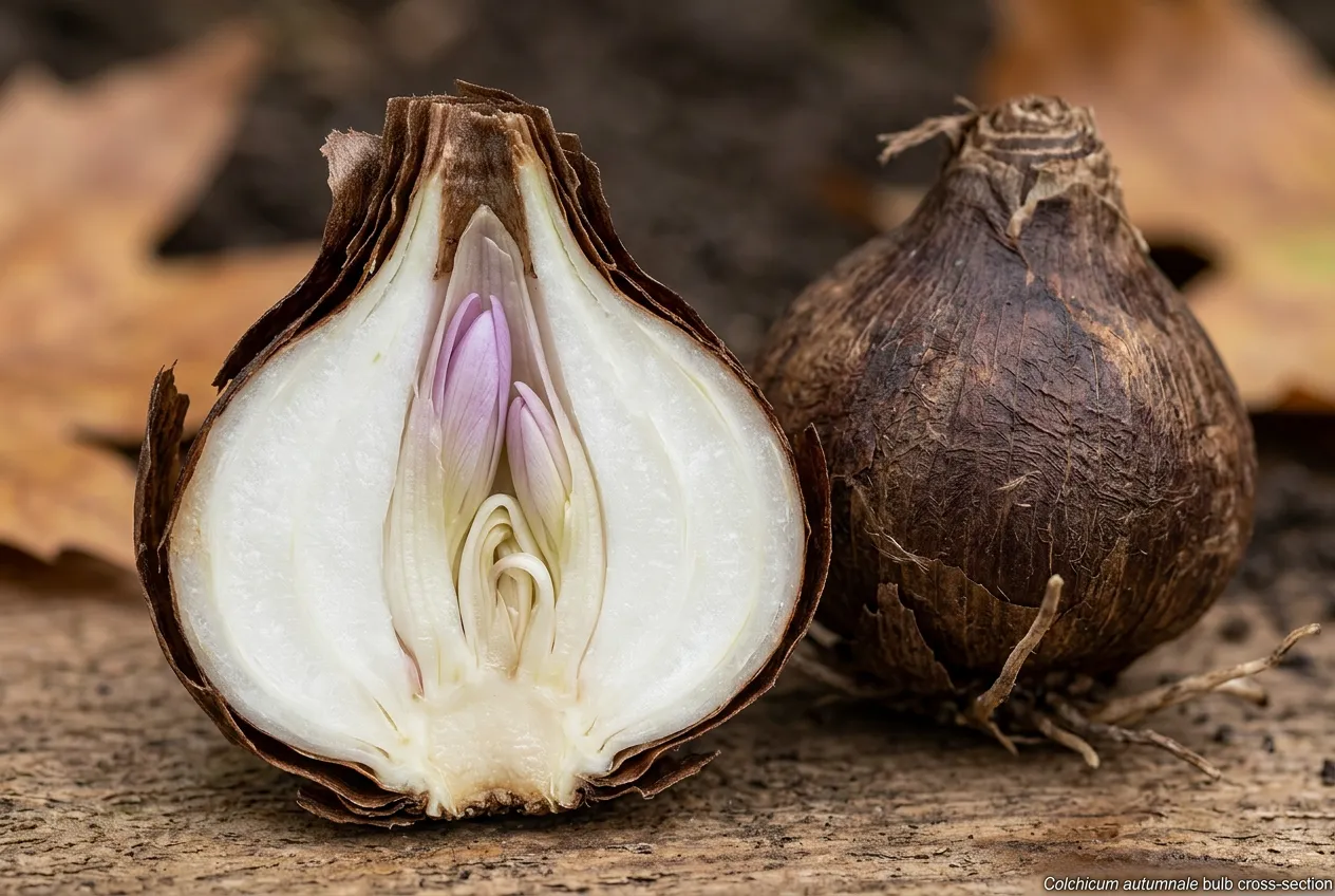 Autumn crocus bulb cross-section showing white interior and embryonic flower bud