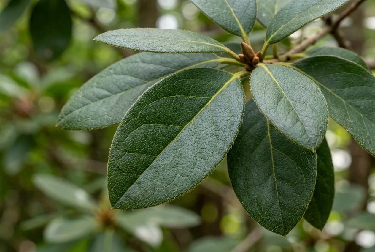 Azalea leaves showing broad leathery texture and visible veining for identification