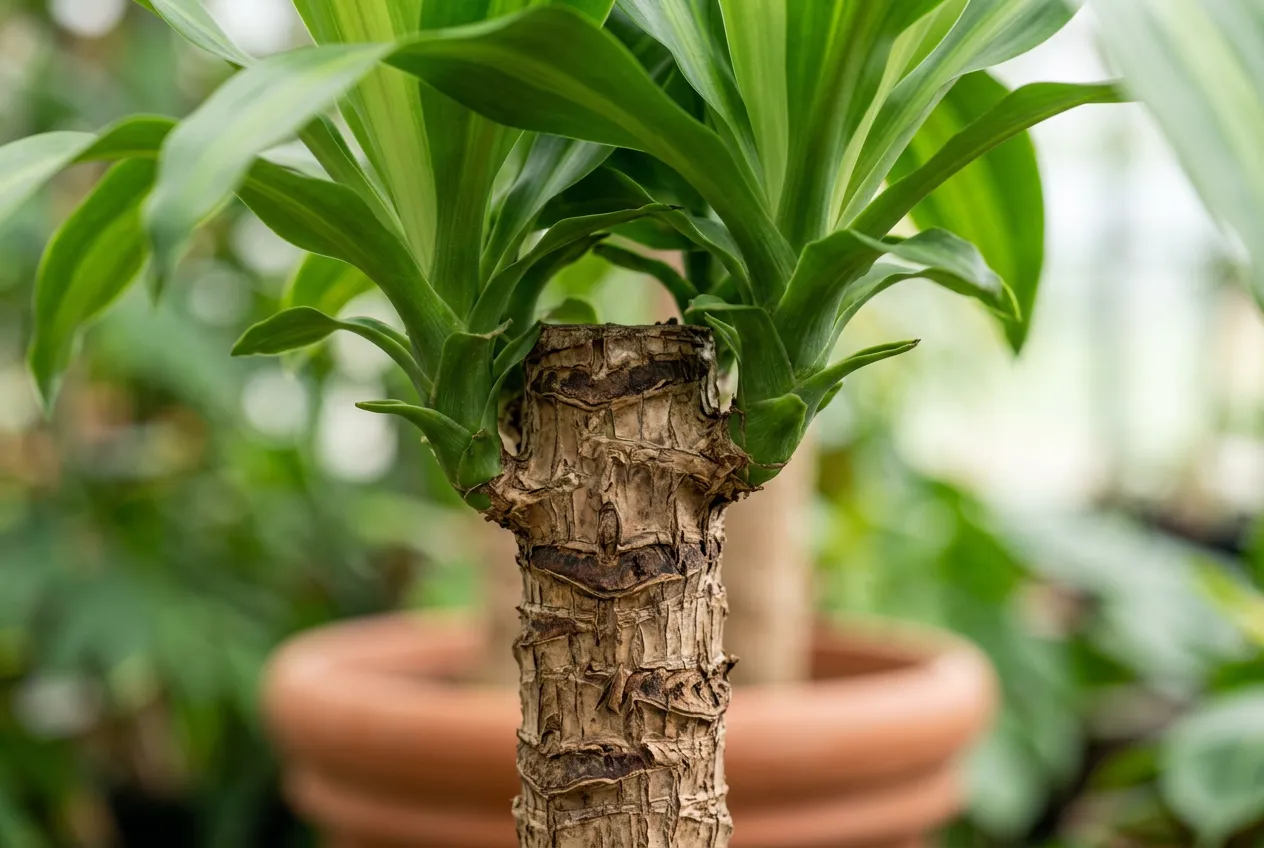 Corn plant woody cane trunk with leaf scars and new green growth emerging