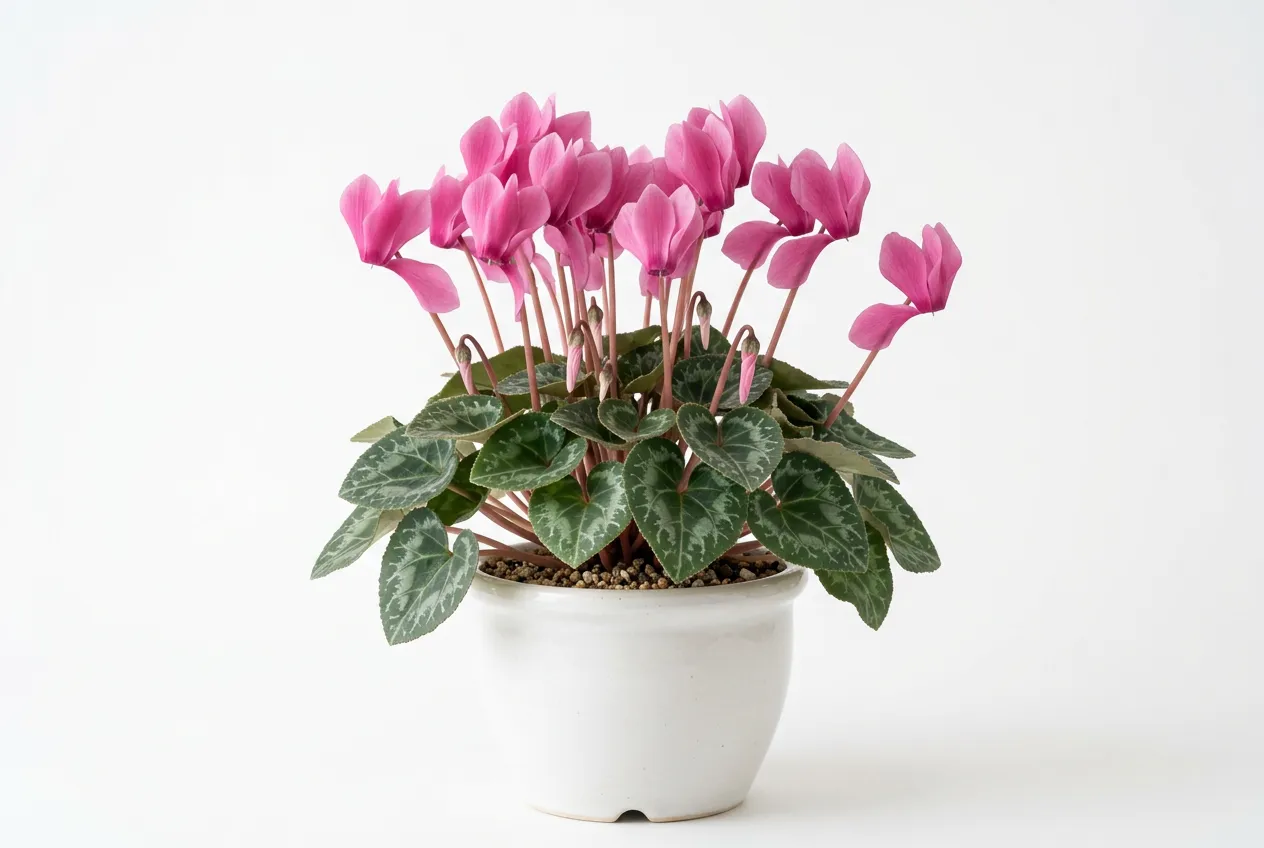 Cyclamen in white pot with silver-patterned leaves and swept-back pink flowers