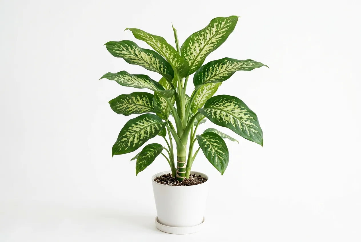 Dieffenbachia dumb cane plant in white pot with variegated green and cream leaves