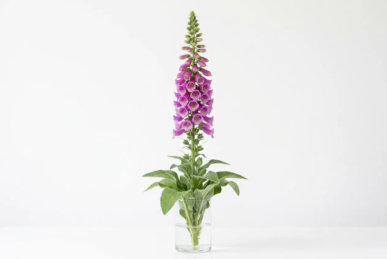 Foxglove stalk with purple-pink bell-shaped flowers in glass vase