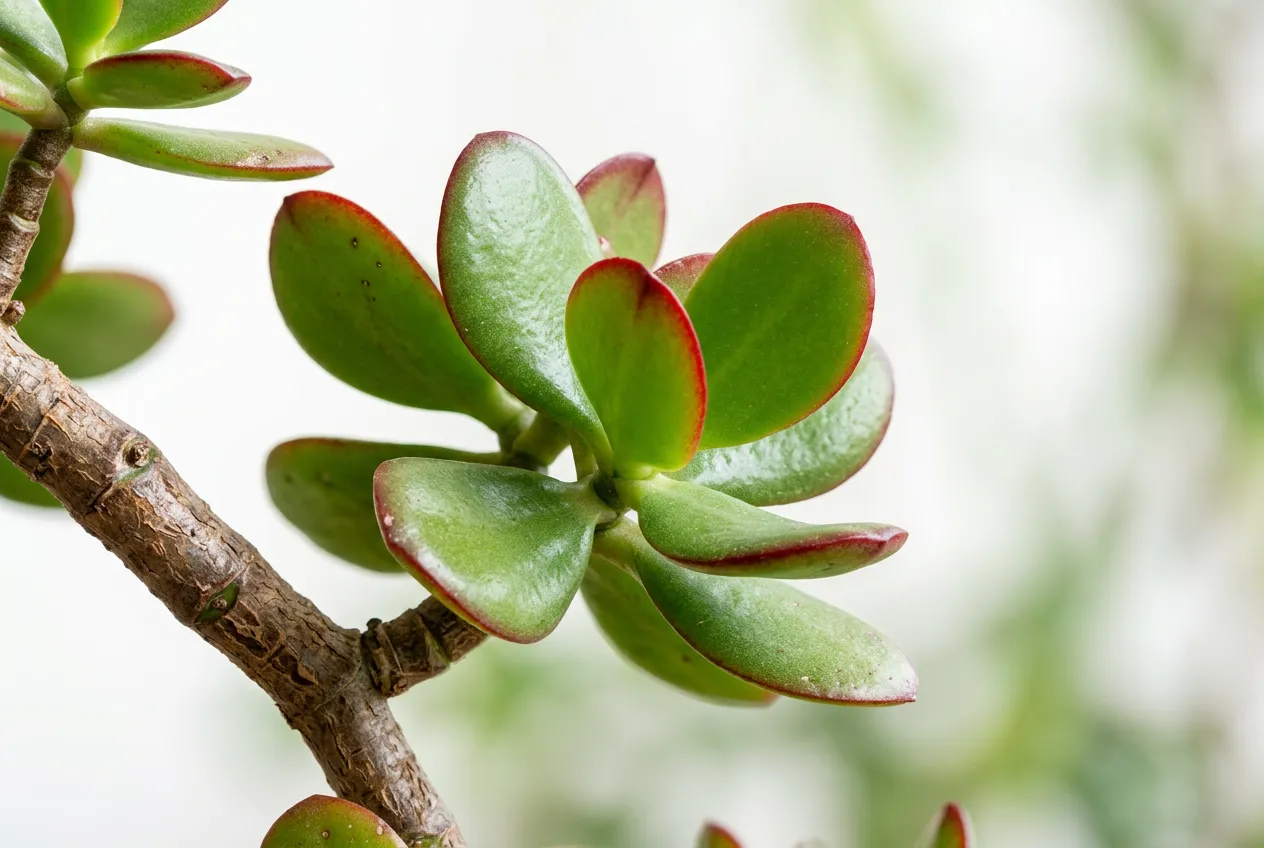 Jade plant fleshy oval leaves with reddish edges on thick woody brown stem