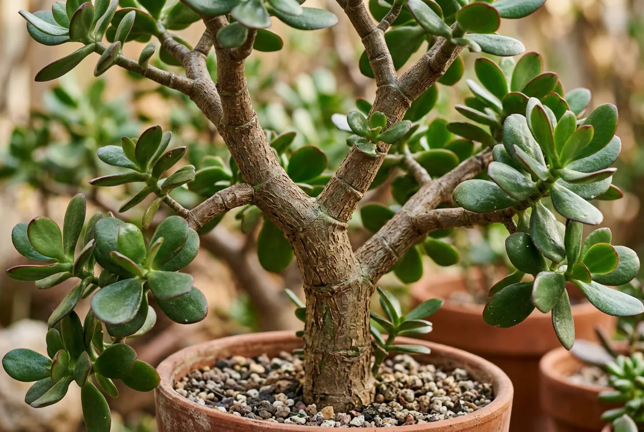 Jade plant branching structure showing tree-like woody trunk and paired succulent leaves