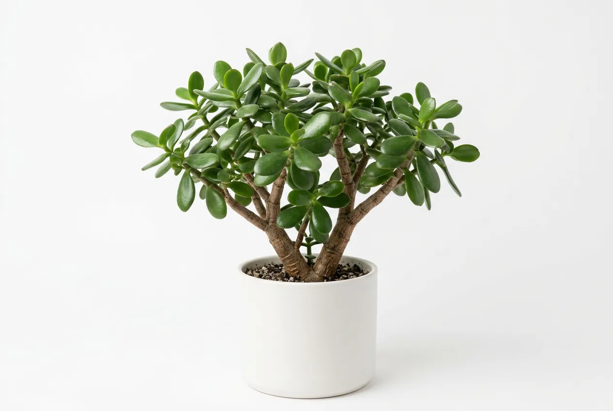 Jade plant in white pot with thick woody stems and fleshy oval green leaves