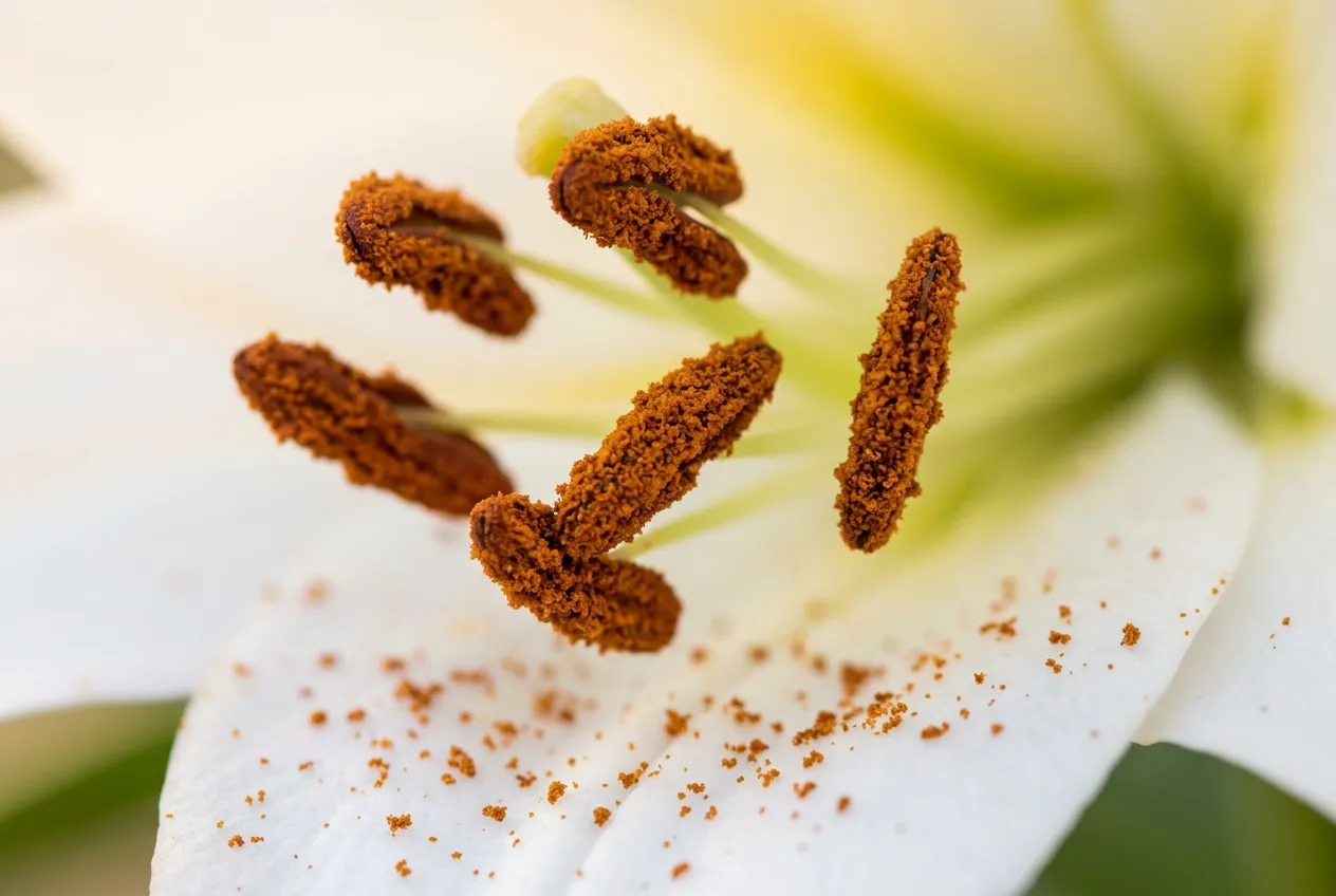Extreme close-up of Easter lily pollen grains on white petal - even small amounts are fatal to cats