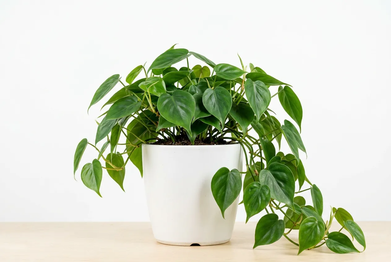 Heart-leaf philodendron in white pot with trailing glossy green heart-shaped leaves