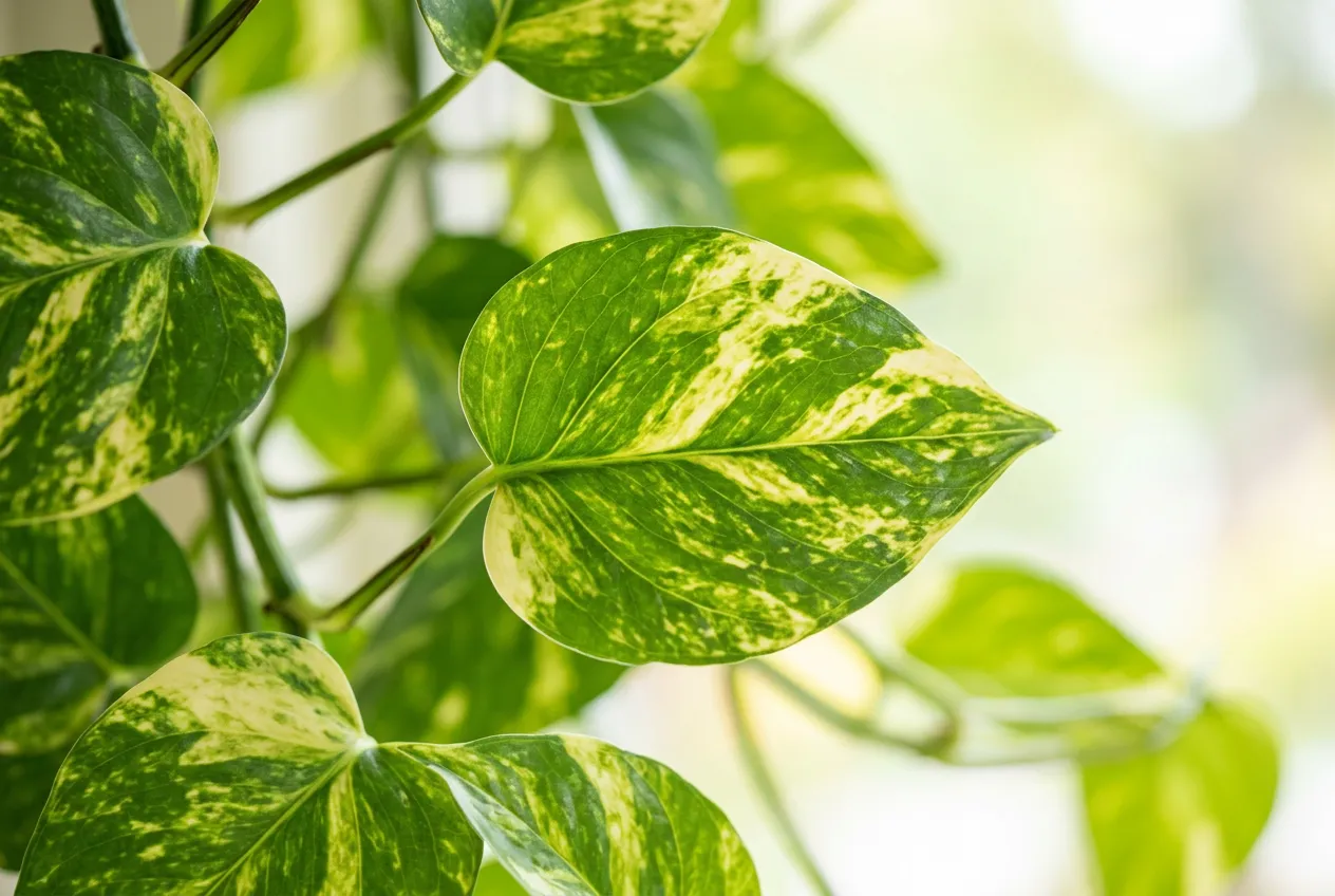 Pothos leaves showing golden-green variegation and glossy waxy surface
