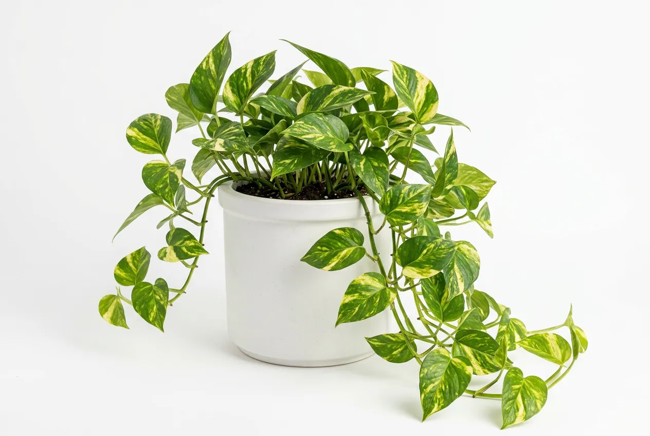 Golden pothos in white pot with trailing variegated heart-shaped leaves
