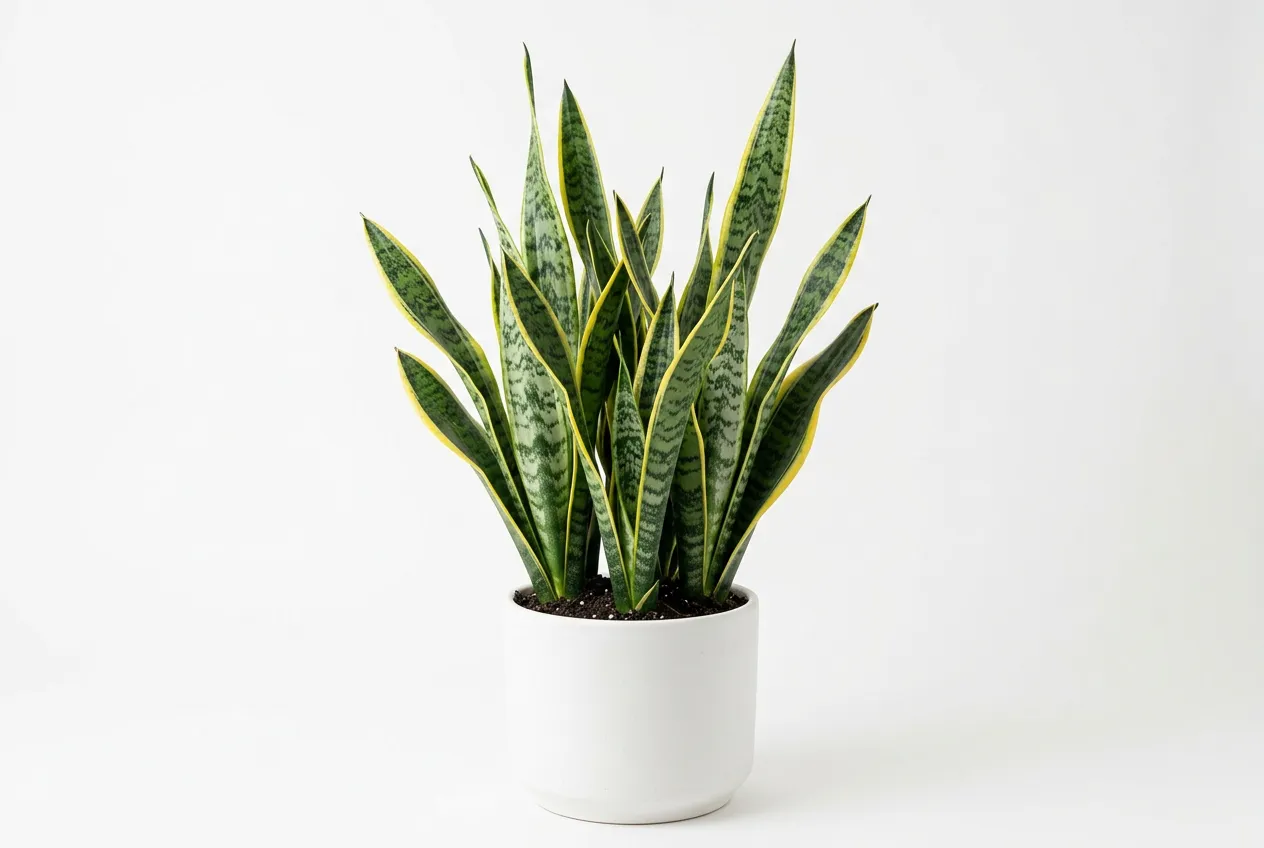 Snake plant in white pot with stiff upright sword-shaped green and yellow leaves