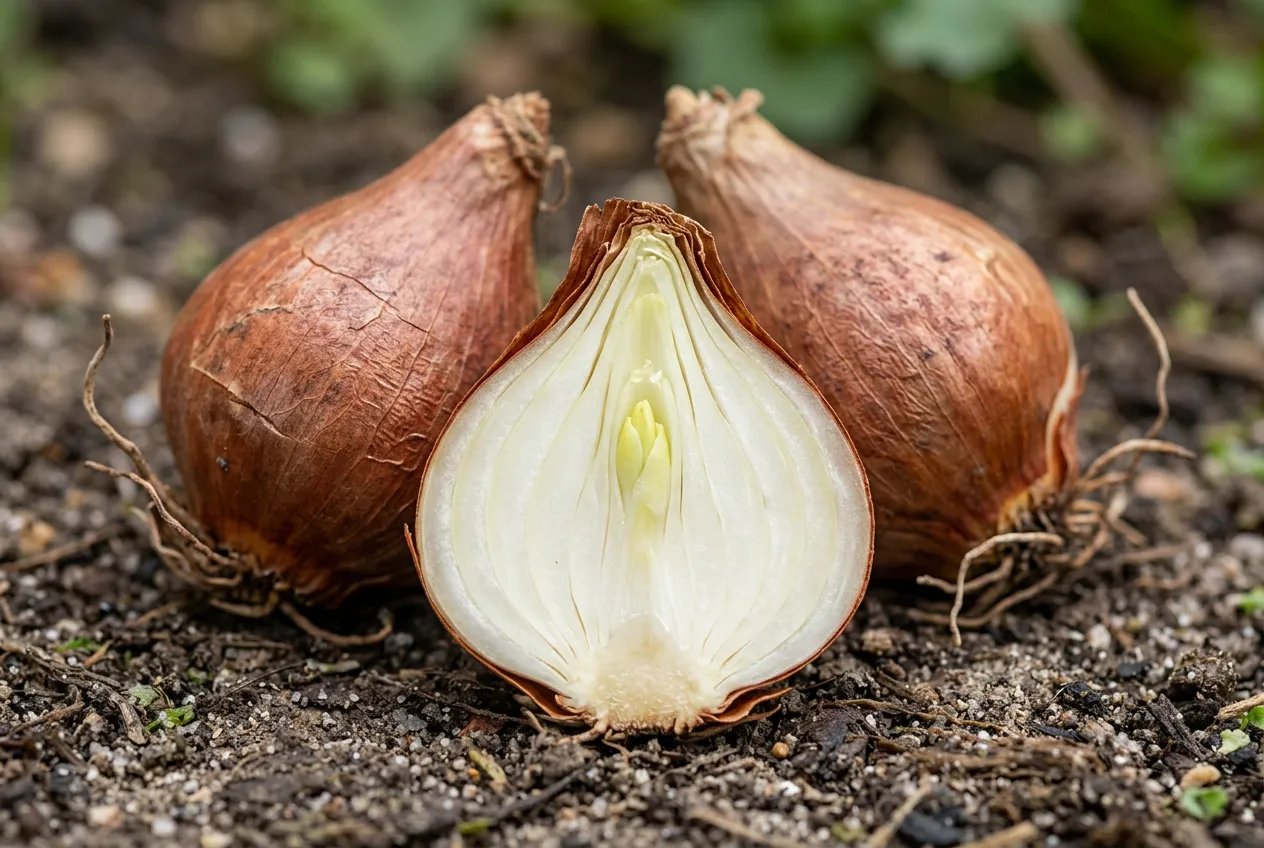 Tulip bulbs cut in half showing white fleshy layers and embryonic flower bud