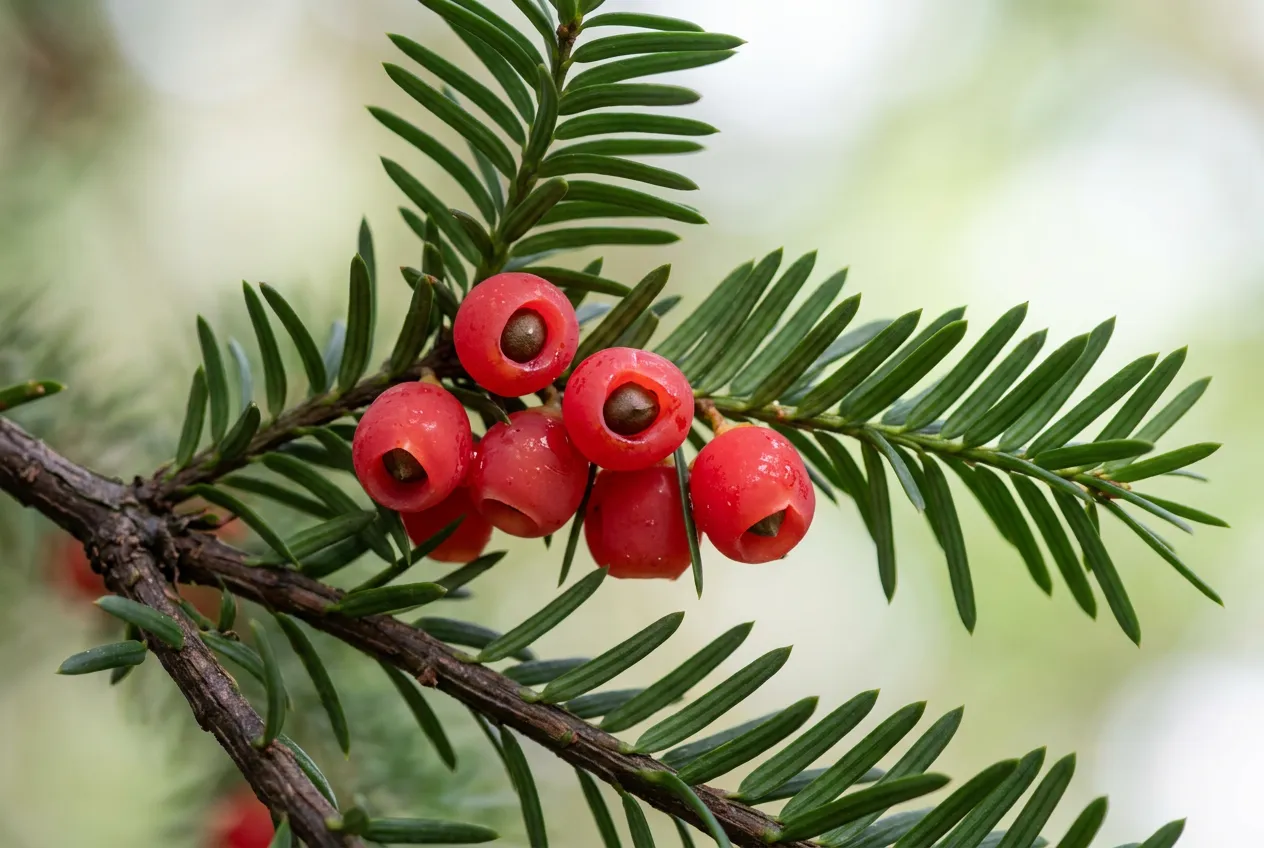 Yew needles and red berries close-up showing dark seed partially exposed in aril