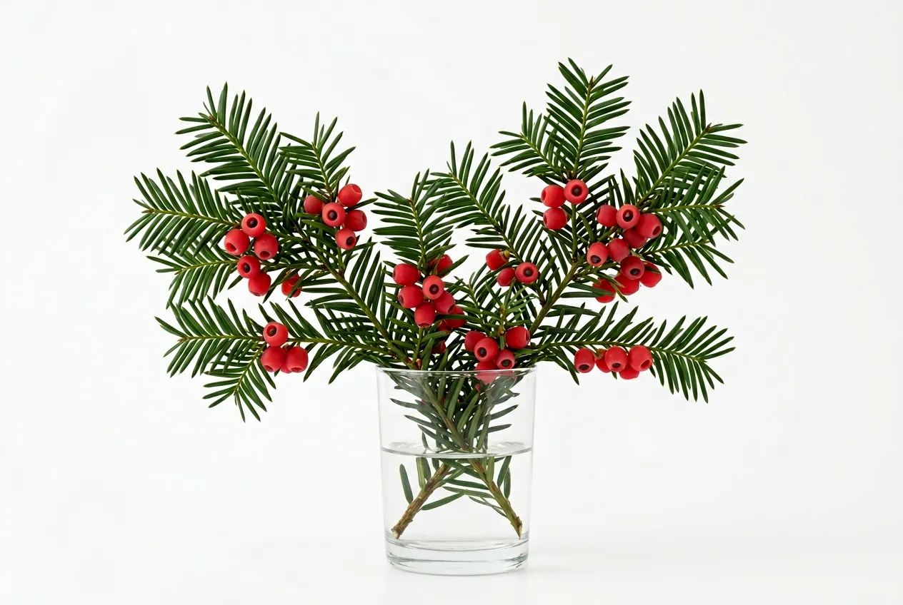 Yew branch with dark green flat needles and bright red berry-like arils