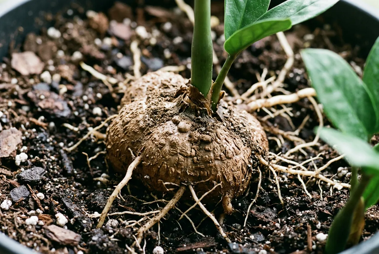 ZZ plant thick potato-like rhizome partially unearthed showing water-storing structure